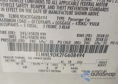 2015 Lincoln Mks из США, поврежденный, VIN 1LNHL9DK2FG608494